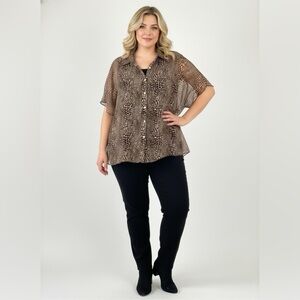 Vintage New York City Silk Animal Print Button Up Brown Blouse Top Shirt Size 2X